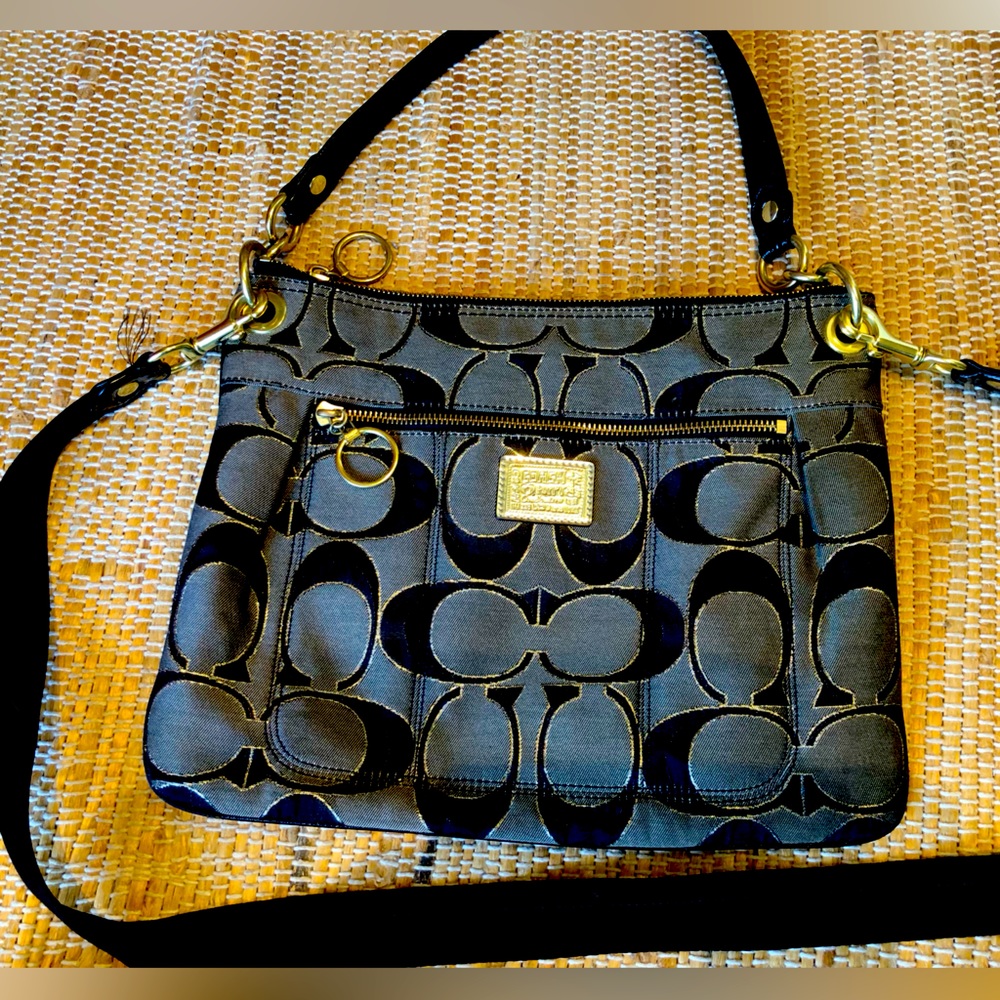 COACH blk/gold crossbody Trending wide detachable long strap=44.5” body 10x13”